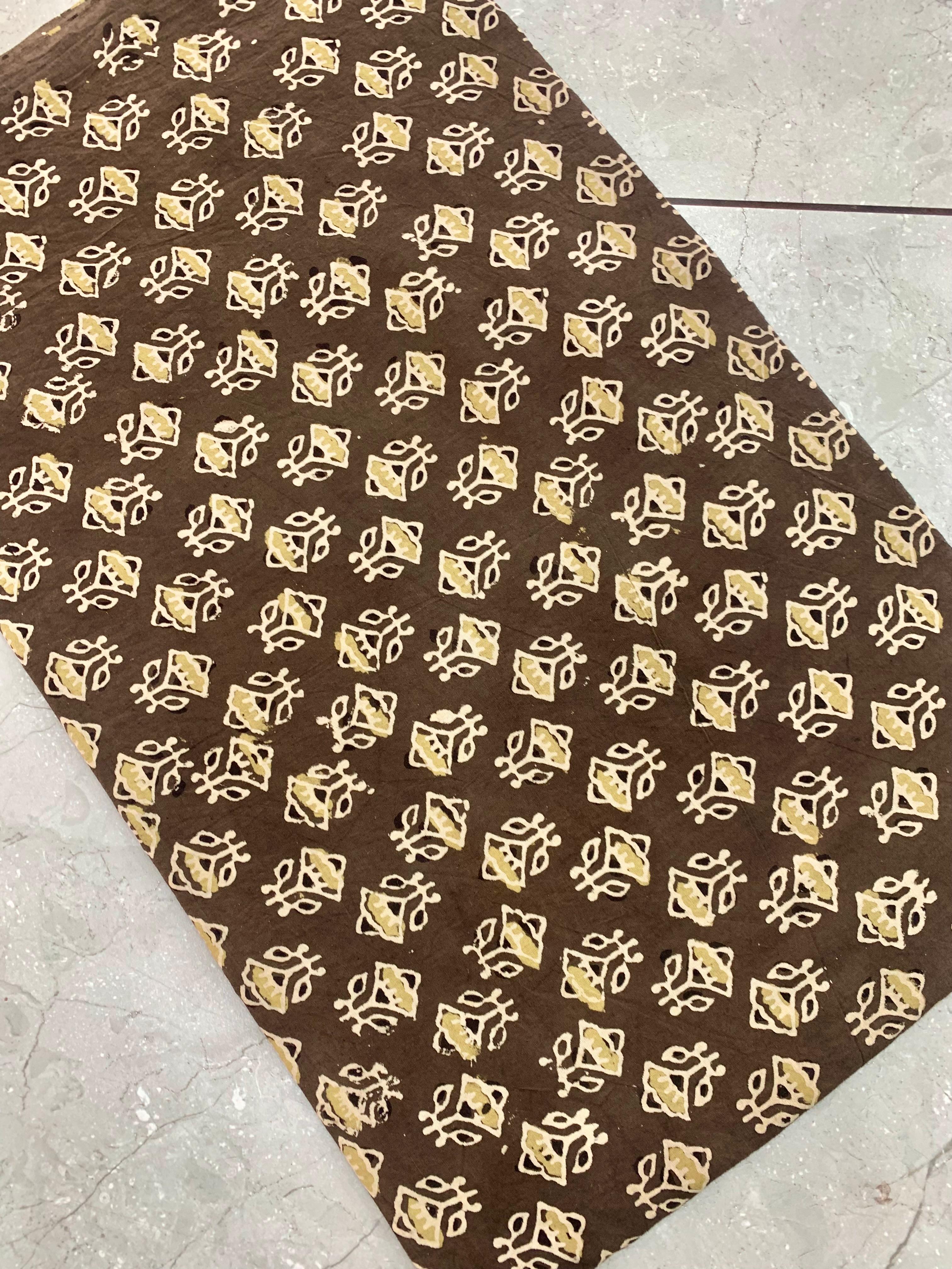 Brown Ajrakh butti pure cotton handblock printed wholesale fabric with refined artisan patterns by Fabtexs.